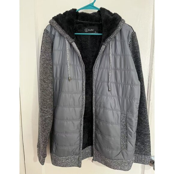 Men's Winter Fur-Lined Full-Zip Warm Sweater Hoodie Jacket, Gray Large - Picture 4 of 9